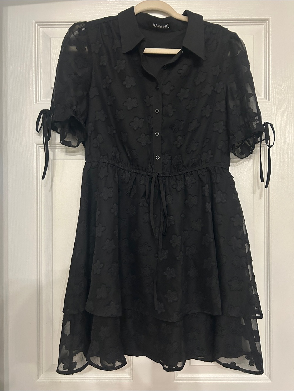 Allegra K Black Floral Textured Short Sleeve Tie-Waist Mini Dress